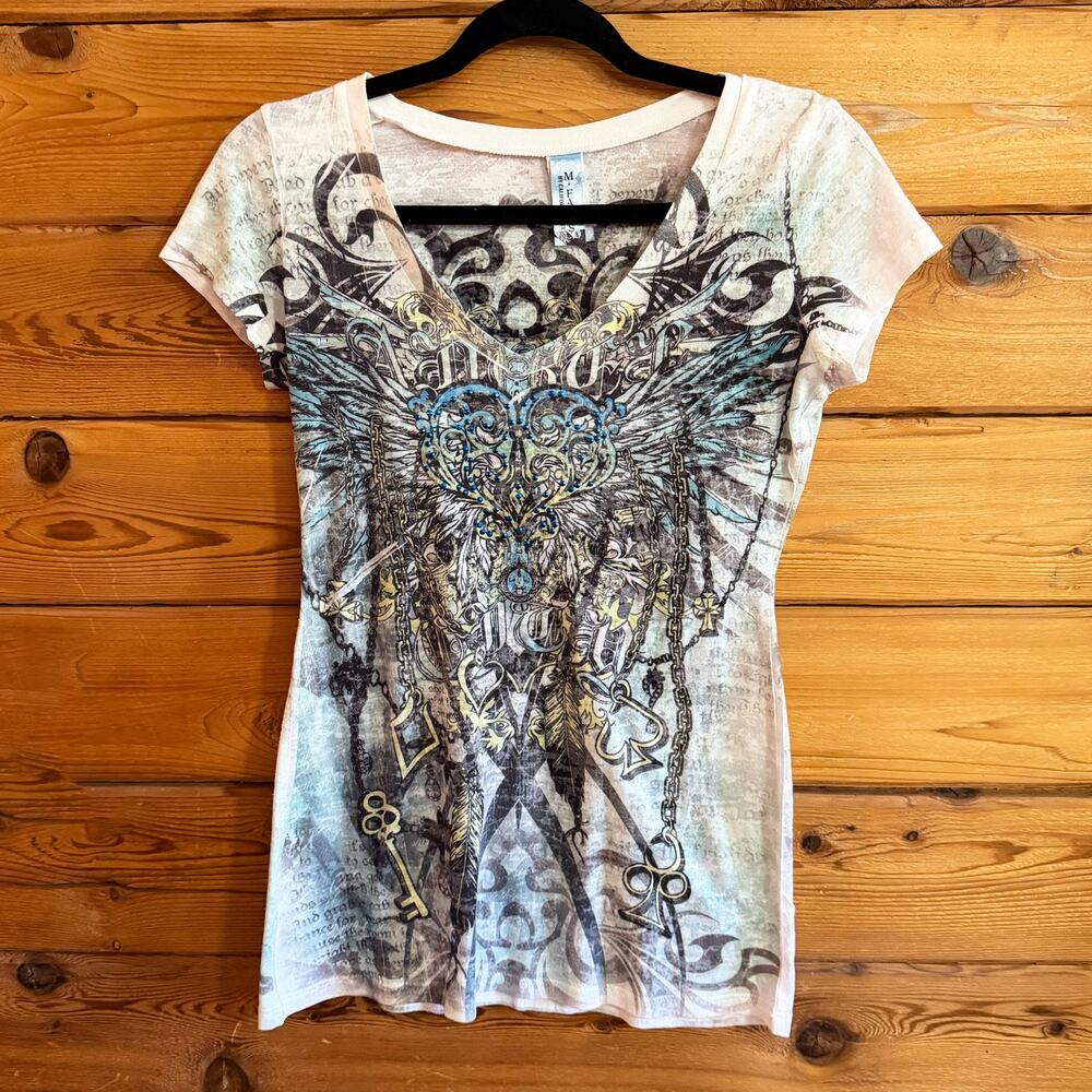 Vintage Y2K Rhinetone Graphic T-Shirt Top Large